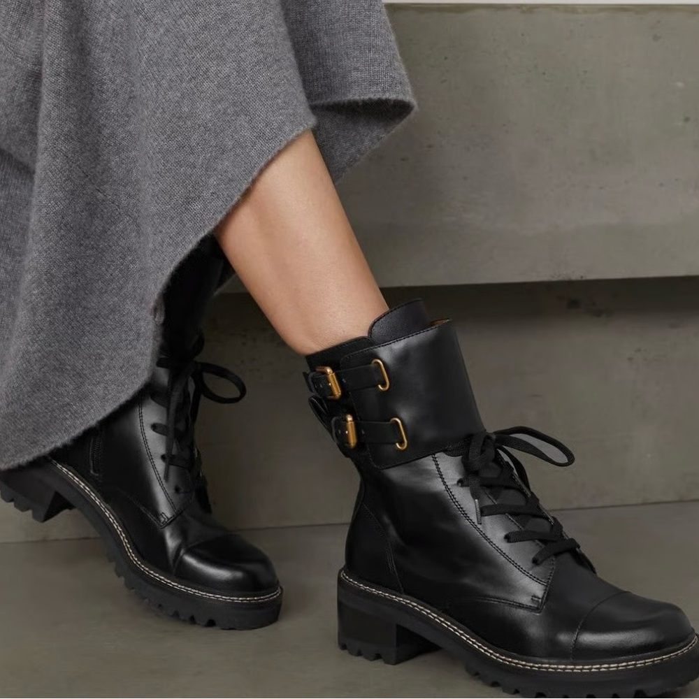 See By Chloe Black and Gold Combat Boots